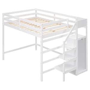 White Frame Full Size Loft Bed with Built-in Storage Wardrobe and Staircase