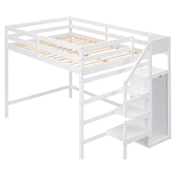 White Frame Full Size Loft Bed with Built-in Storage Wardrobe and Staircase