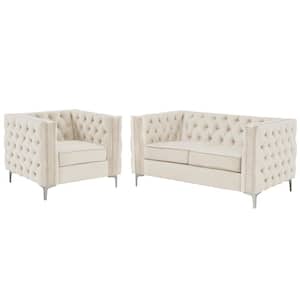 Modern 2-Pieces Chair and Loveseat Couch Set with Dutch Velvet Top Iron Legs in Beige