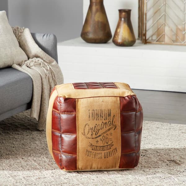 Litton Lane 17 in. Beige Canvas with Leather Accents Pouf