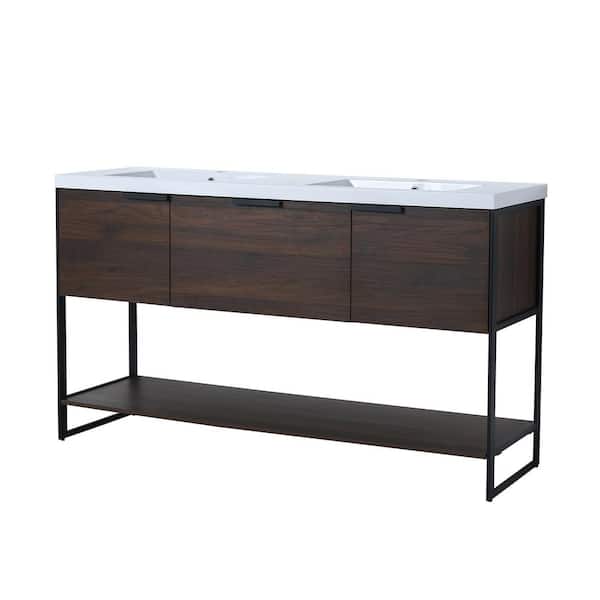 Maincraft Free-Standing 59.1 in. W x 58.3 in. D x 34.3 in. H Bath Vanity in Brown with White Solid Surface Top with White Basin