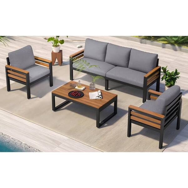 Grey 4-Piece Acacia Wood Patio Conversation Set with Grey Cushions​