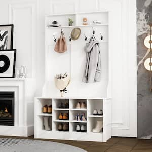 68.5 in. H White Wood 3-in-1 Freestanding Coat Rack Shoe Storage with 7-Metal Double Hooks and Bench