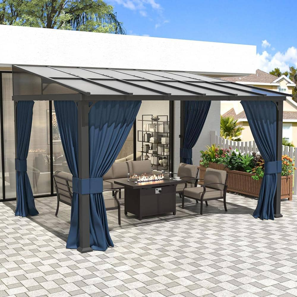 Halmuz 10 ft. x 12 ft. Brown Hardtop Wall Mounted Gazebo with Sloping Pitched Roof and Curtain Navy Blue