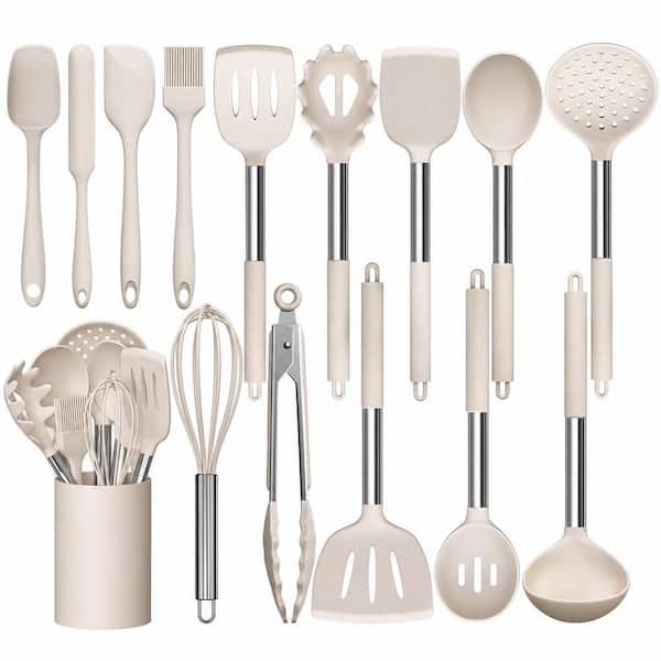 15-Piece Silicone Cooking Kitchen Utensils Set, Non-Stick Kitchen Cookware with Stainless Steel Handle, Khaki