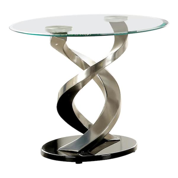 Newington 26 in. Satin Plated and Black Round Glass Top End Table