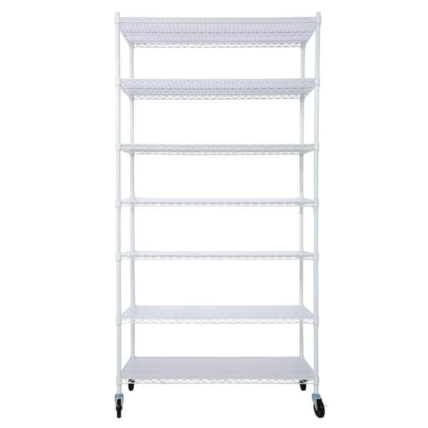 Nivencai 81.5 in. H x 48 in. L x 18 in. D 7-Shelf White Metal Pantry Organizer Wheels Shelf Liners, Storage Wire Rack