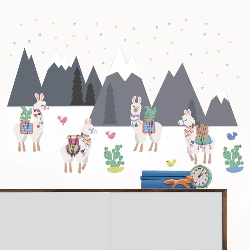 Gray and White Cartoon Llama Wall Decals with Pom Poms
