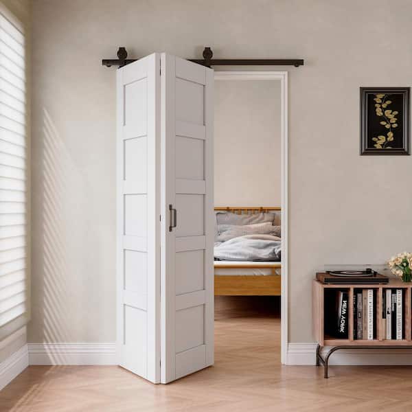 48 in. x 80 in. Paneled 5 Lite White Primed MDF Bifold Sliding Barn Door with Hardware Kit