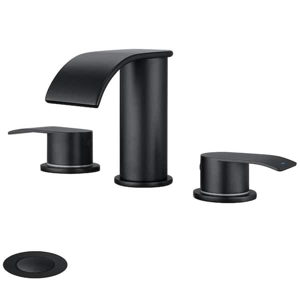GAGALIFE 8 in. Widespread Double-Handle Waterfall Spout Bathroom Vessel Sink Faucet with Pop Up Drain Kit in Matte Black