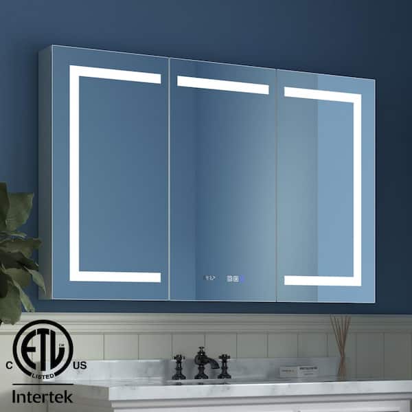 WOODSAM 60 in. W x 32 in. H Rectangular Silver Aluminum Recessed/Surface Mount Medicine Cabinet with Mirror and LED Light