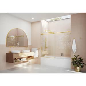 72 in. W x 60 in. H Sliding Frameless Bath Tub Sliding Shower Door in Satin Brass Finish