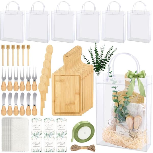 63-Piece Baby Shower Prize Gift Set, 6 Bamboo Cheese Boards with Knives, Forks, Spoons, Towels, and Gift