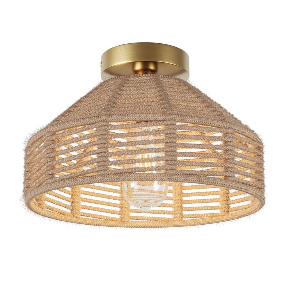 9.84 in. 1-Light Handmade Woven Boho Semi-Flush Mount Rustic Rattan Ceiling