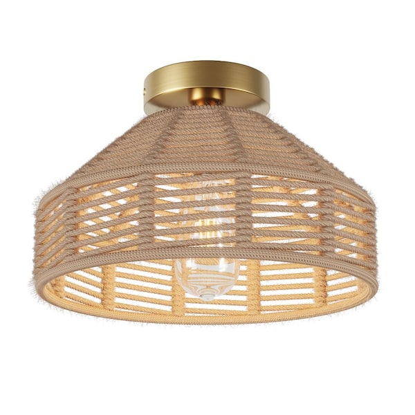 aiwen 9.84 in. 1-Light Handmade Woven Boho Semi-Flush Mount Rustic Rattan Ceiling Light