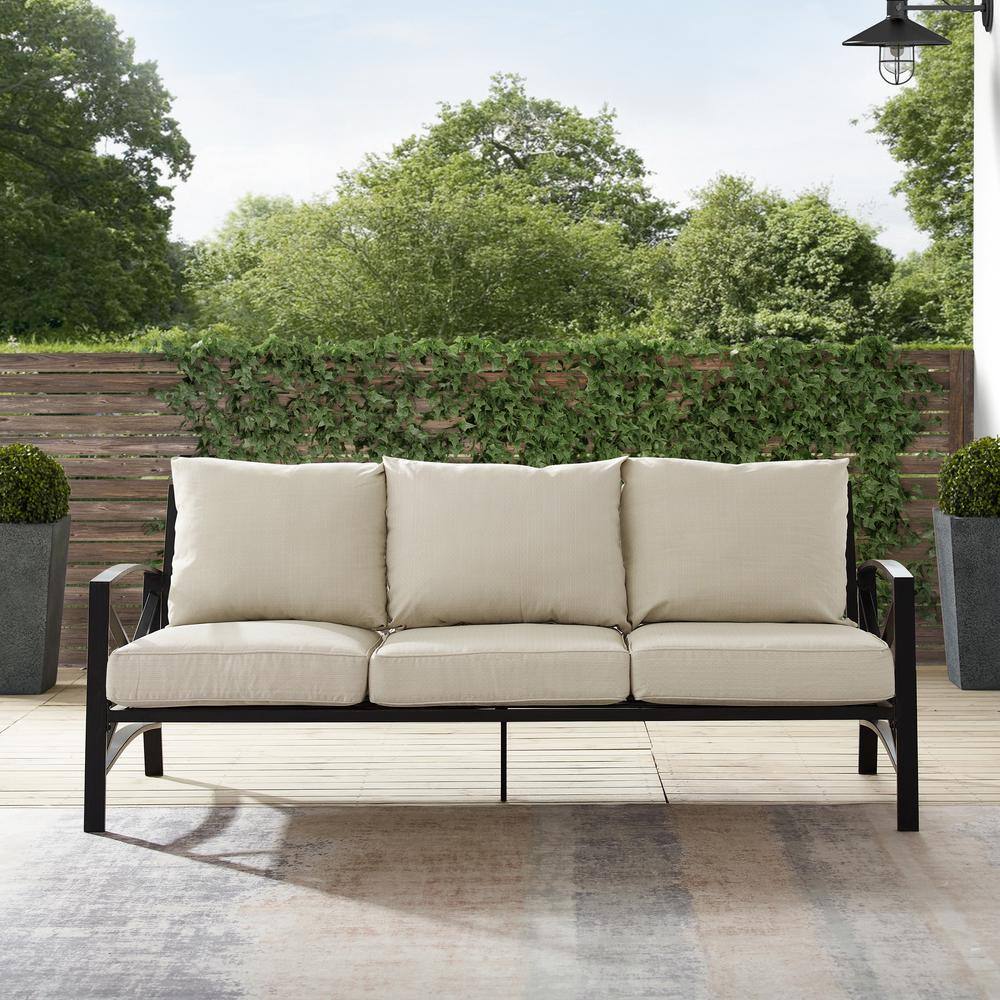 Oatmeal Cushioned Black Metal Three-Seat Outdoor Sofa