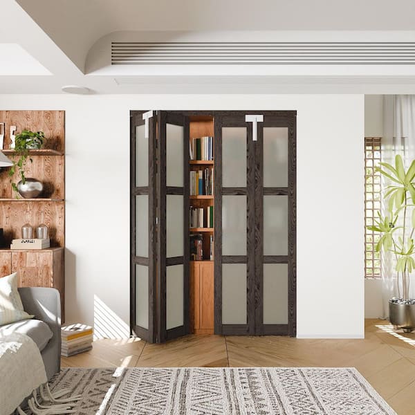 60 in. x 80 in. 3-lite Frosted Glass Solid Core Ancient Wood Color MDF Bi-fold Doors with Lock and Handle