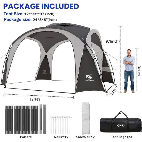 Gray Tent with Side Wall, Ground Pegs, and Stability Poles, Sun