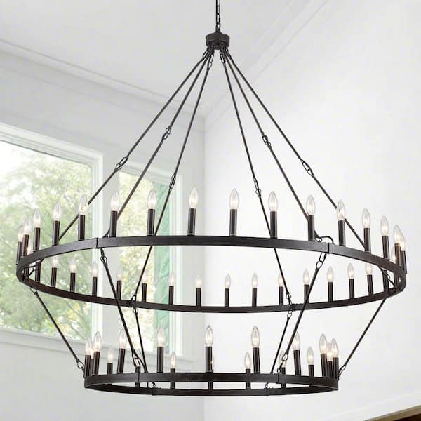 60 in. 54-Light Antique Distressed Brown Candle Style Wagon Wheel Loft Rustic Chandelier for Farmhouse Dining Room
