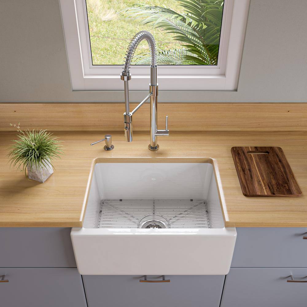 24'' White Fireclay Farmhouse Drop-In Single Bowl Sink