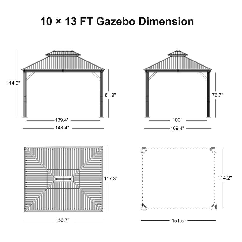 Gray 10' x 13' Aluminum Frame Hardtop Gazebo with Curtains