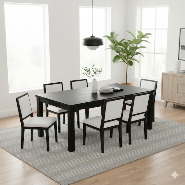 Benjara Kizie 7-Piece Rectangle Black and White Wood Top Dining Table ...