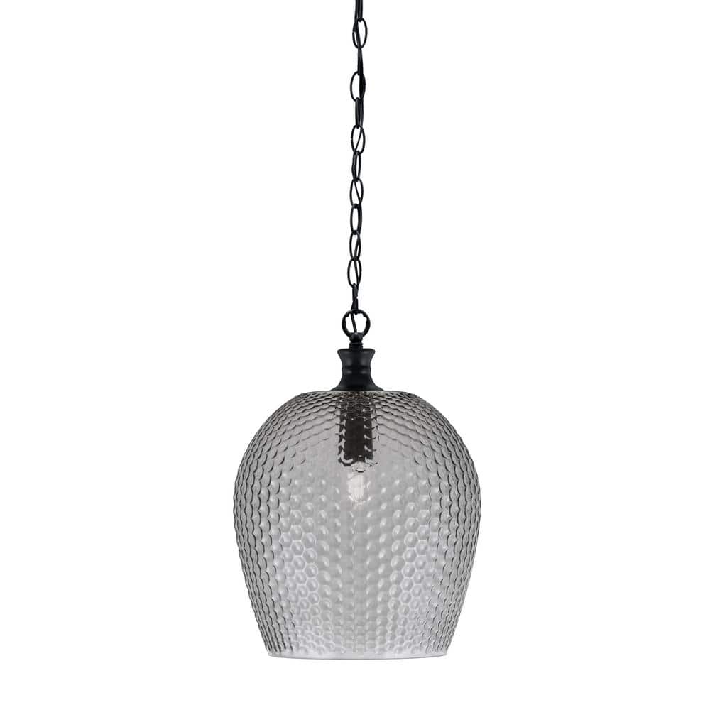 Tyler 60-Watt 1-Light Matte Black Chain Mini Pendant Light with Smoke Textu