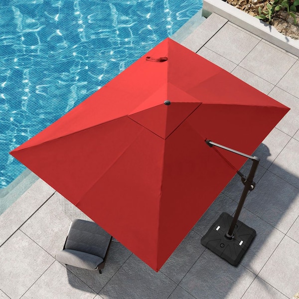 Pellebant 11.5 ft. x 9 ft. Aluminum Cantilever Patio Umbrella Swivel Rectangular Offset 360° Rotation Umbrella in Red with Stand