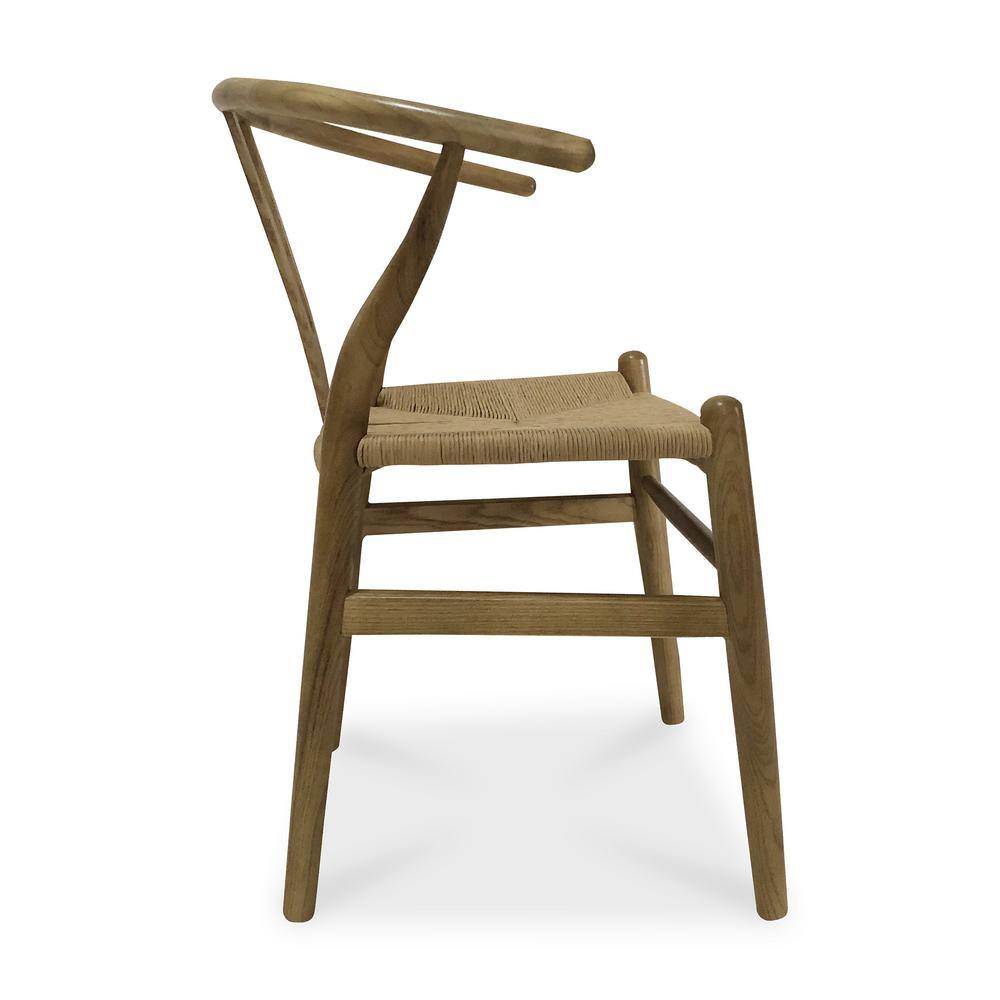 A side view of a natural elm dining chair with a woven seat.