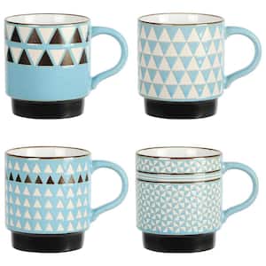 Primevalley 4 Piece 14 oz. Stackable Assorted Wax Relief Blue Triangle Design Beverage Mug Set