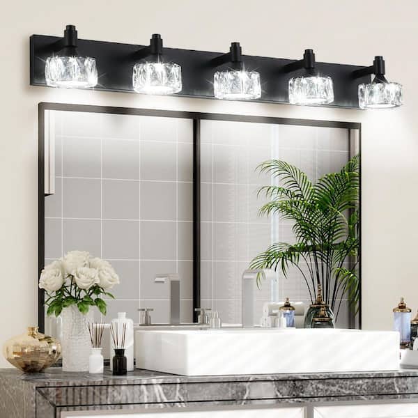 36 in. 5-Light Matte Black LED Vanity Light Fixture with Crystal Glass Shades, Modern Bathroom Wall Sconce, Home Decor
