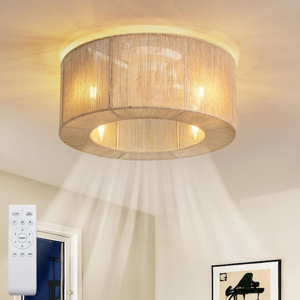 18 in. Indoor Boho Brown Jute Rope Cage Drum Low Profile Flush Mount Fandelier Ceiling Fan with Remote No Bulbs Included