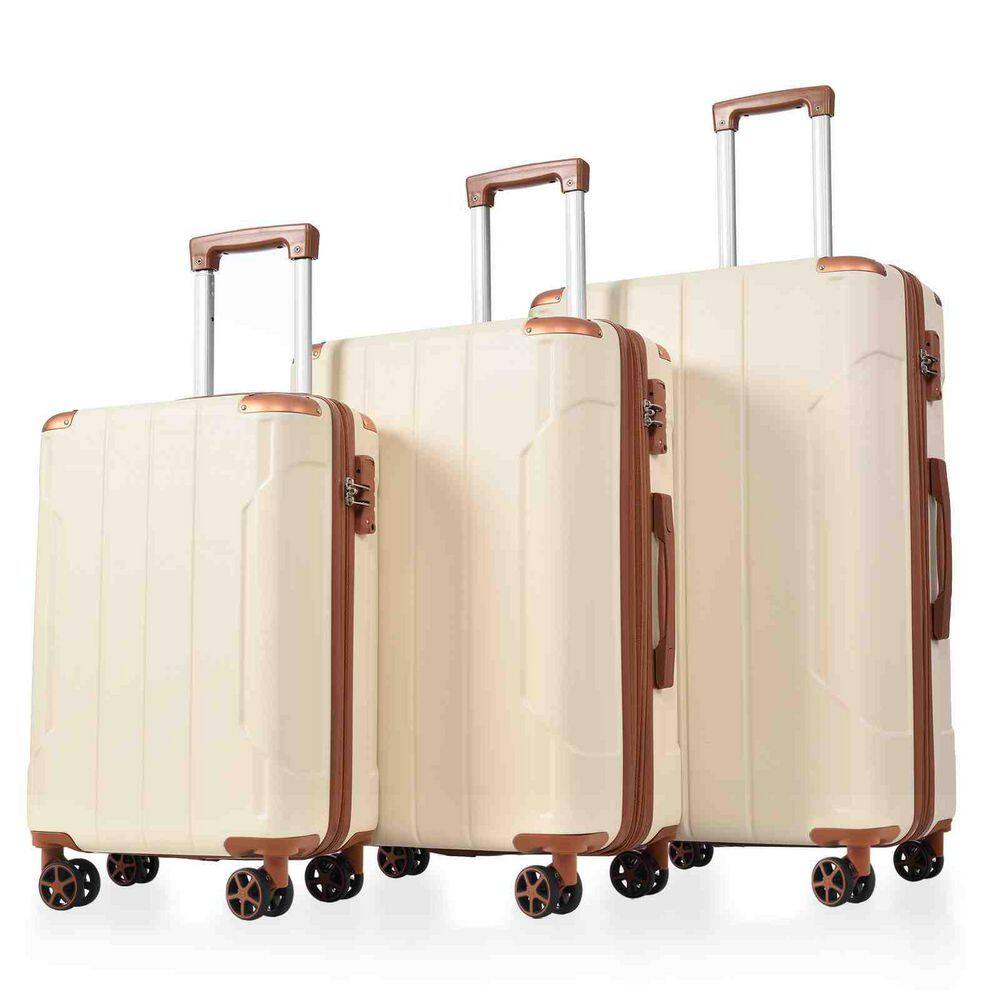3 Piece Brown white Hardshell Luggage Set with Double Spinner, Travel luggage Set with TSA Lock