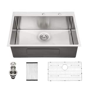 30 in. Drop-In Single Bowl 16-Gauge Brushed Stainless Steel R10 Round Corner Kitchen Sink with Bottom Grid