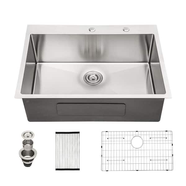 Sarlai 30 in. Drop-In Single Bowl 16-Gauge Brushed Stainless Steel R10 Round Corner Kitchen Sink with Bottom Grid