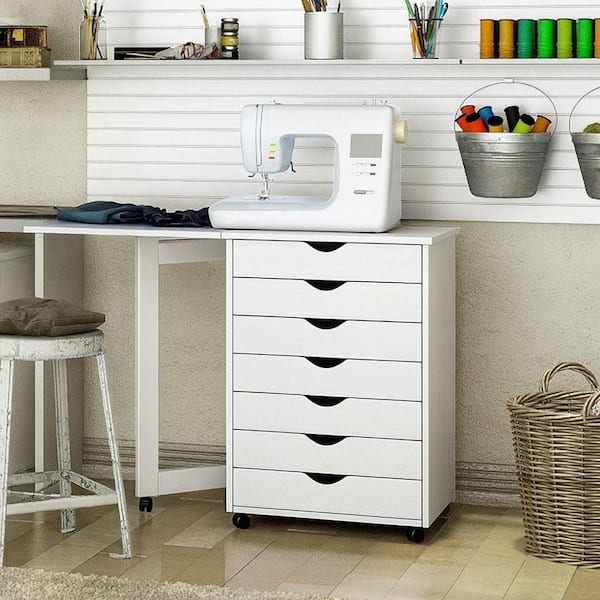Leg Roll Cart 7 Drawer Gate White Solid Wood 41.6 in. W Roll Cart Desk Lateral File Cabinet