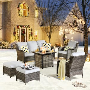 Erie Lake Gray 6-Piece Wicker Outdoor Patio Fire Pit Seating Sofa Set and with Gray Cushions