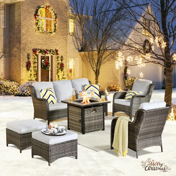 XIZZI Erie Lake Gray 6-Piece Wicker Outdoor Patio Fire Pit Seating Sofa Set and with Gray Cushions