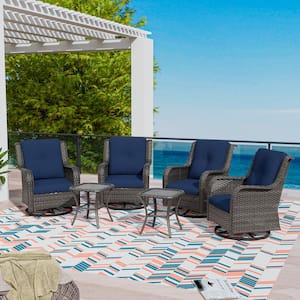 6-Piece Wicker Patio Conversation Set Swivel Rocking Chairs with Blue Cushions