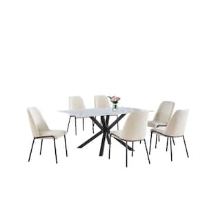 Marcial 7-Piece White Rectangle Marble Wrap Glass Top Iron Metal Frame Dining Set With 6 Beige Polar Fleece Fabric Chair