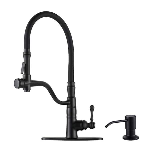 20.4 in. H Single Handle Brass Pull Down Sprayer Kitchen Faucet with 360° Swivel Spout and Soap Dispenser in Matte Black