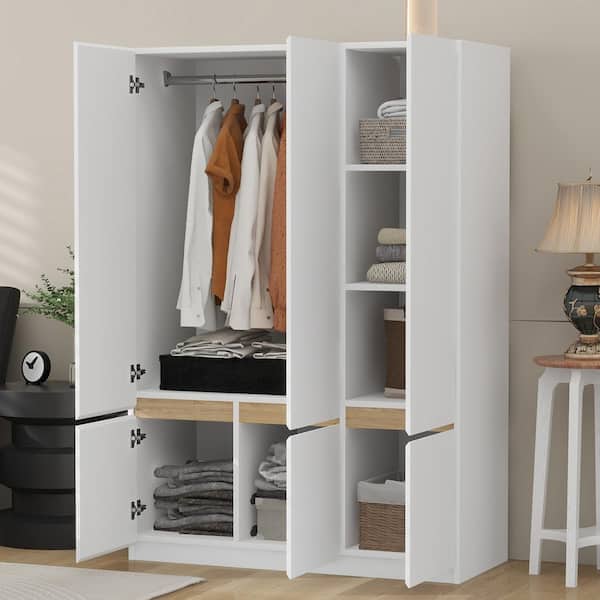 Harper & Bright Designs White Wooden 47.2 in. 6-Doors Wardrobe Armoire with Storage Shelves and Built-in Hanging Rail
