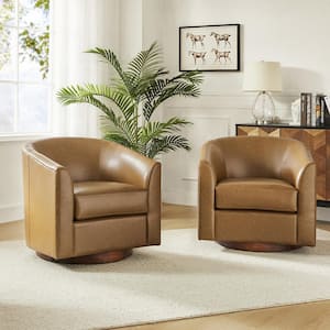 Meroy 30.5 in. Wide Camel Modern Swivel Barrel Faux Leather Chair with Solid Wood Base Set of 2