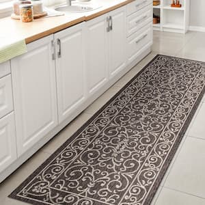 Charleston Black/Gray 2 ft. x 10 ft. Vintage Filigree Textured Weave Indoor/Outdoor Runner Rug