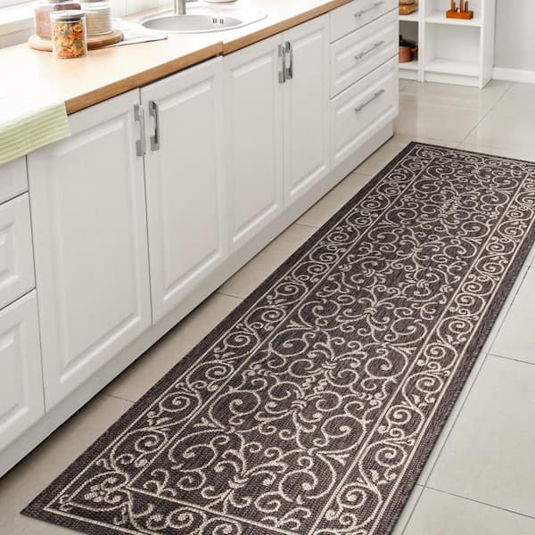 Charleston Vintage Filigree Textured Weave Indoor/Outdoor Black/Gray 2 ft. x 8 ft. Runner Rug