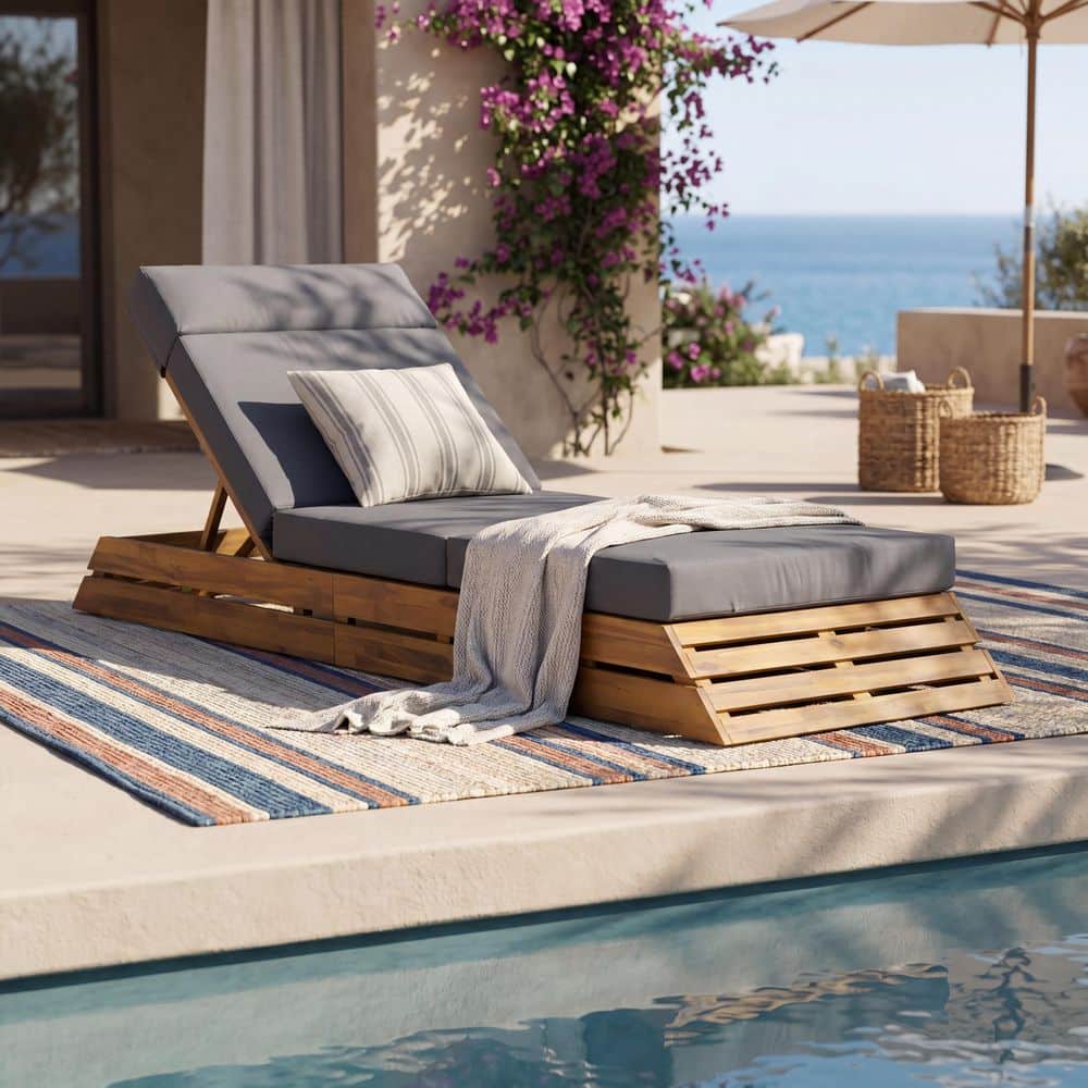 Avinto Teak Finish Acacia Wood Outdoor Patio Chaise Lounge with Dark Grey 4-Fold Cushion, Adjustable Backrest