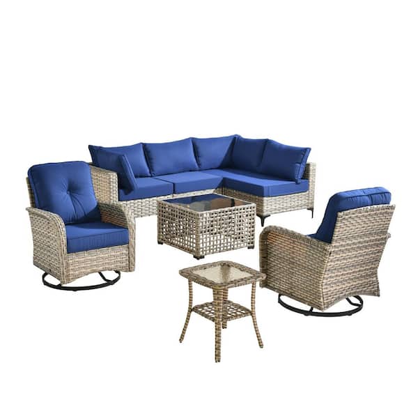 Reno 8-Piece Wicker All-Weather Outdoor Patio Conversation Sofa Set with Swivel Chairs and Navy Blue Cushions