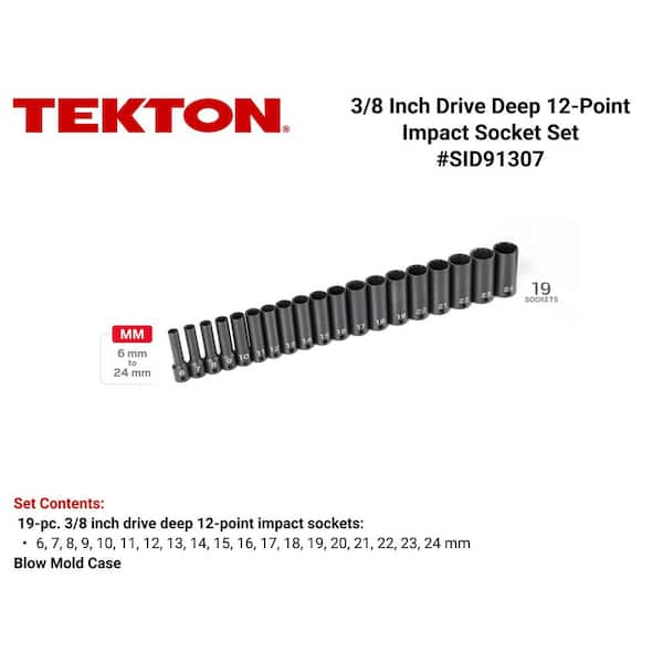 3/8 in. Drive Deep 12-Point Impact Socket Set, (19-Piece) (6 - 24 mm)