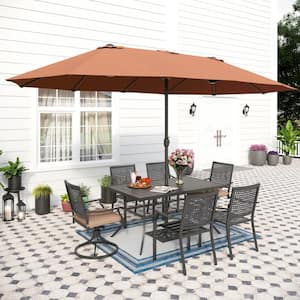 Black 8-Piece Metal Patio Outdoor Dining Set with Swivel Chairs with Beige Cushions and Beige Umbrella
