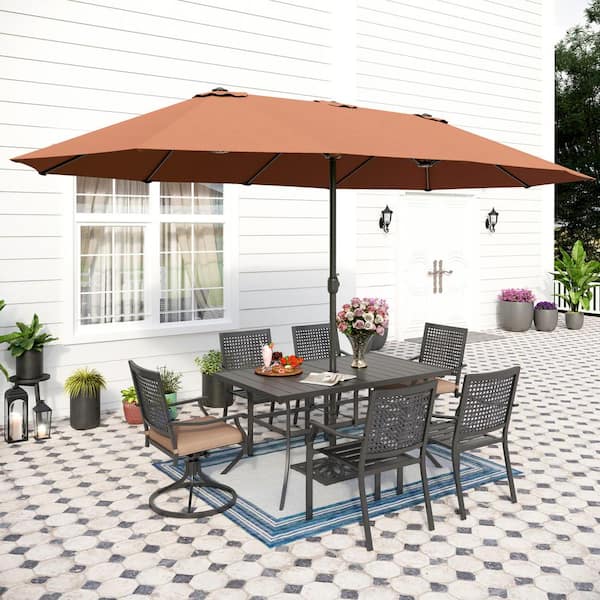 PHI VILLA Black 8-Piece Metal Patio Outdoor Dining Set with Swivel Chairs with Beige Cushions and Beige Umbrella